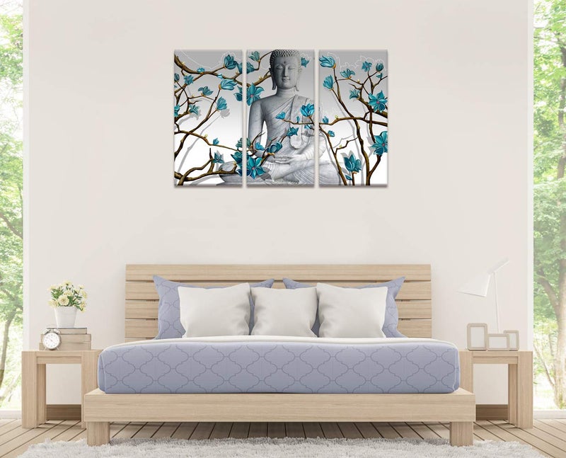Visual Art Decor 3 Pieces Buddha Wall Art Buddha Statue with Abstract Blue Flowers Painting Canvas Prints for Living Room Bedroom Office Large Picture Decoration - Image 4